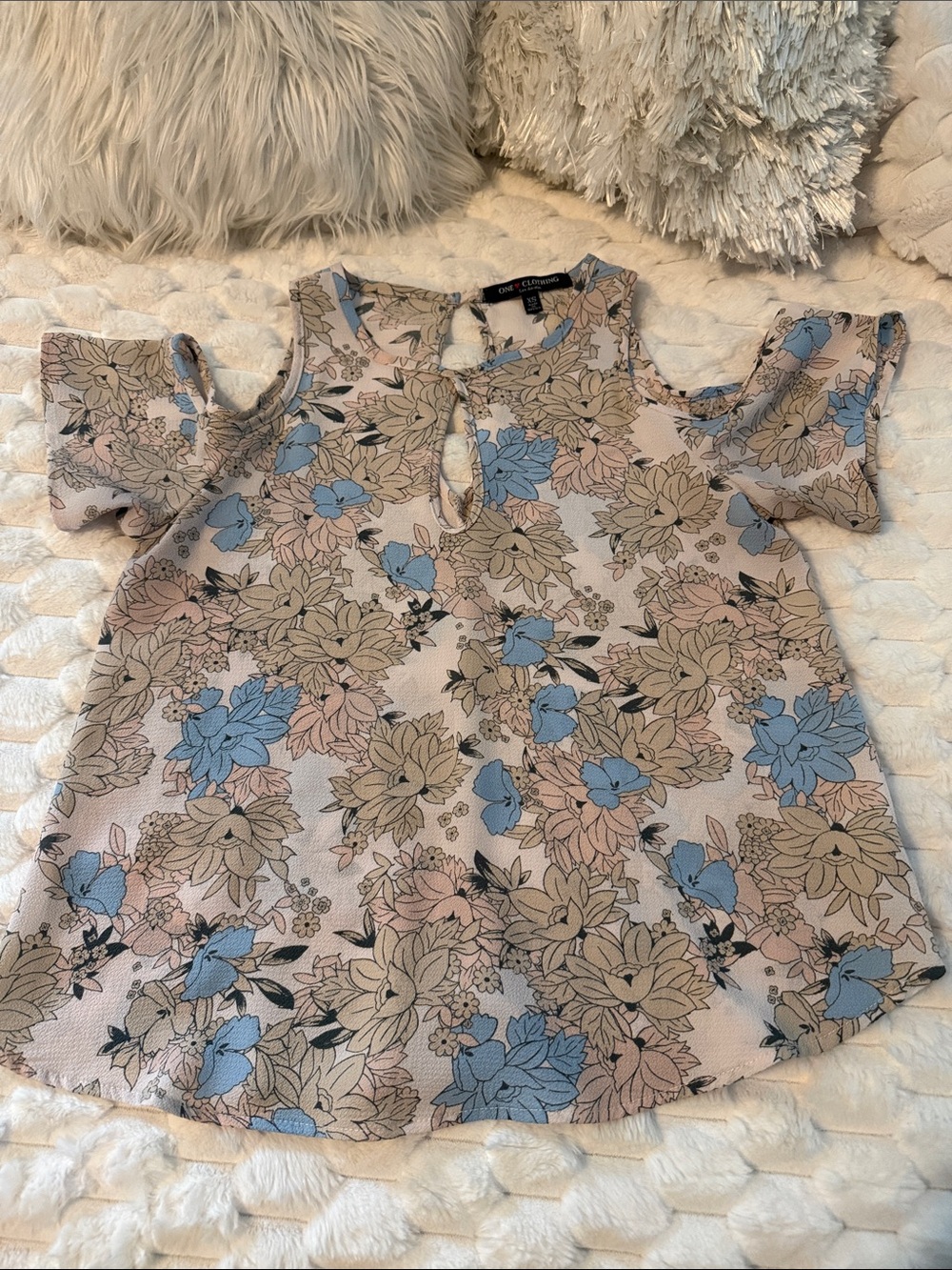 Floral Cold-Shoulder Blouse in Blush and Blue